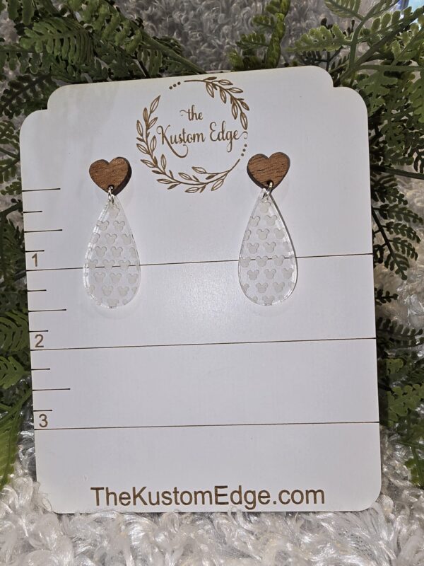 Mickey Head Engraved Tear Drop Dangle Earrings - Image 2