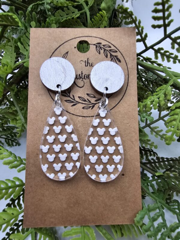 Mickey Head Engraved Tear Drop Dangle Earrings