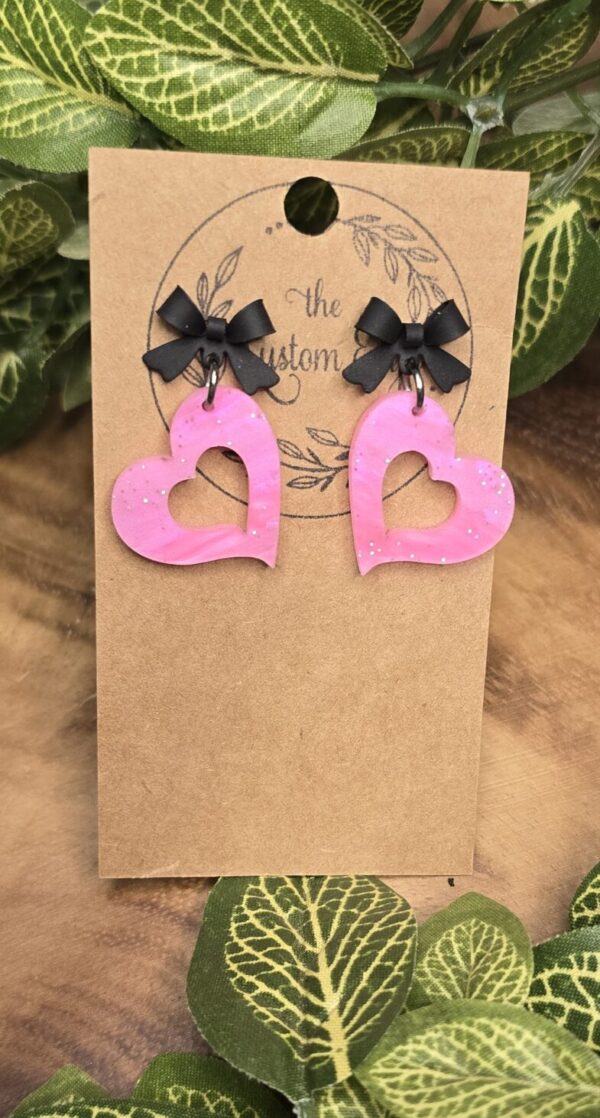 Black Bow Pink Heart Earrings