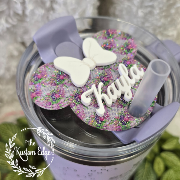 Tumbler Topper, Glitter Purple Spring Flower Mouse Ears