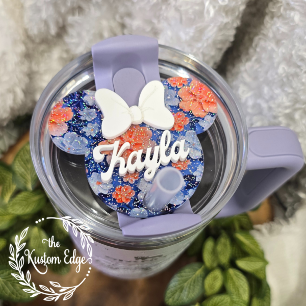 Blue and Coral Flowers Glitter Mouse Ears Tumbler Topper